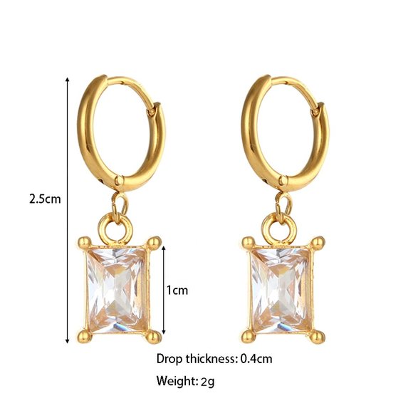 Clear Rectangle Zirconia Gemstone Hoop Earrings 18K‎ Gold Plated Stainless Steel - Picture 8 of 9